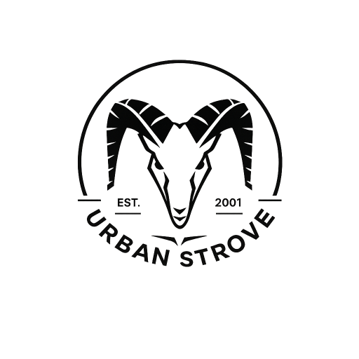 A black circular logo featuring a stylized ram head with curved horns, with the text 'URBAN STROVE' and 'EST. 2001' on a white background.